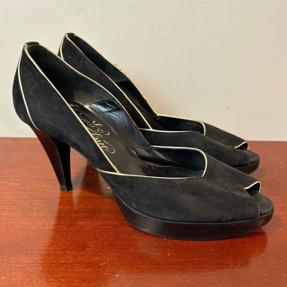 Alejandro Ingelmo Black Suede Peep Toe Heels Size 38.5 US 8.5